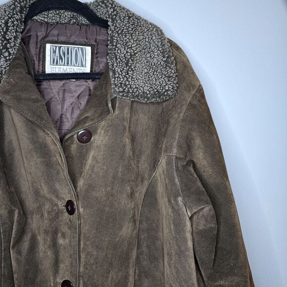 Fashion Elements Vintage Suede Leather Jacket Button Up Sherpa Trim Brown L - Picture 4 of 11